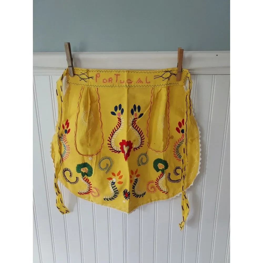 Vintage Half Apron Yellow Portugal Embroidered Floral Traditional Pocket